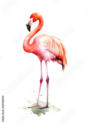 Pink flamingo isolated on white background. Generative AI. © Hanna