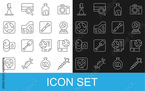 Set line Construction jackhammer, Earth globe and book, Exhibition with minerals, rocks, Ore mining, Ground, Tacheometer, theodolite and Paint brush icon. Vector