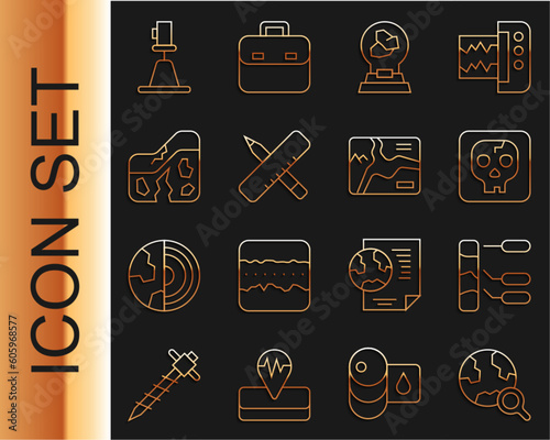 Set line Magnifying glass with globe, Soil analysis, Archeology, Exhibition minerals, rocks, Crossed ruler and pencil, Geological fault, Tacheometer, theodolite and Topographic map icon. Vector