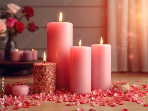 Burning pink candles with rose petals on wooden table. Romantic background. ai Generative AI