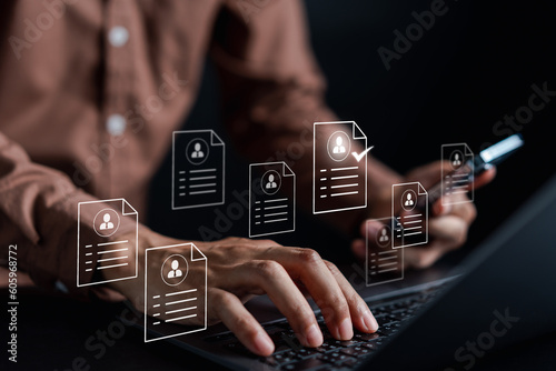 Fototapeta Naklejka Na Ścianę i Meble -  CRM or Customer relationship management concept. Businessman use digital data for exchange and connecting network, Teamwork partnership on global network, Digital business marketing.