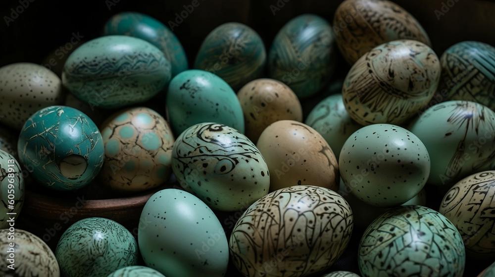 Obraz premium Easter eggs in light green and turquoise with detail painting repetitive dotwork, generative ai