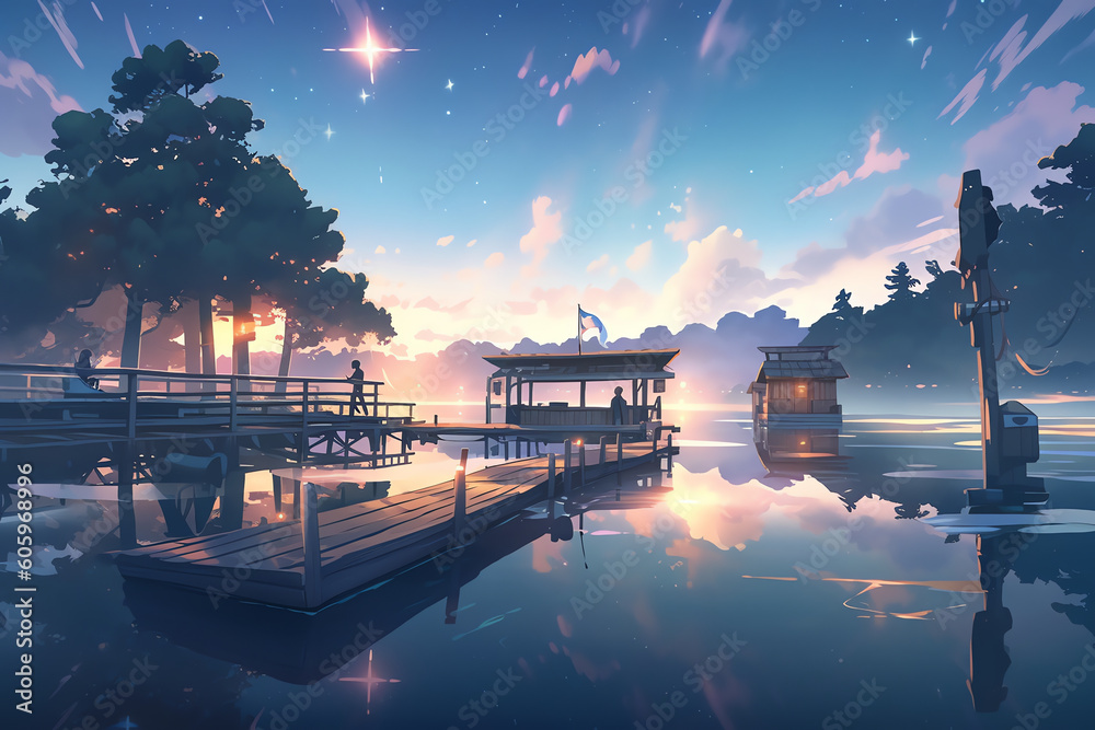 twilight shore of a mythical lake. generative AI