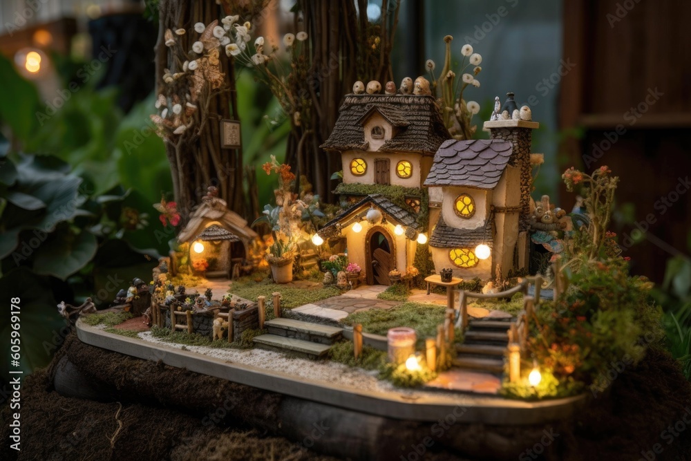 Fototapeta premium fairy garden with whimsical structures and magical elements, including glittering lights and miniature figurines, created with generative ai