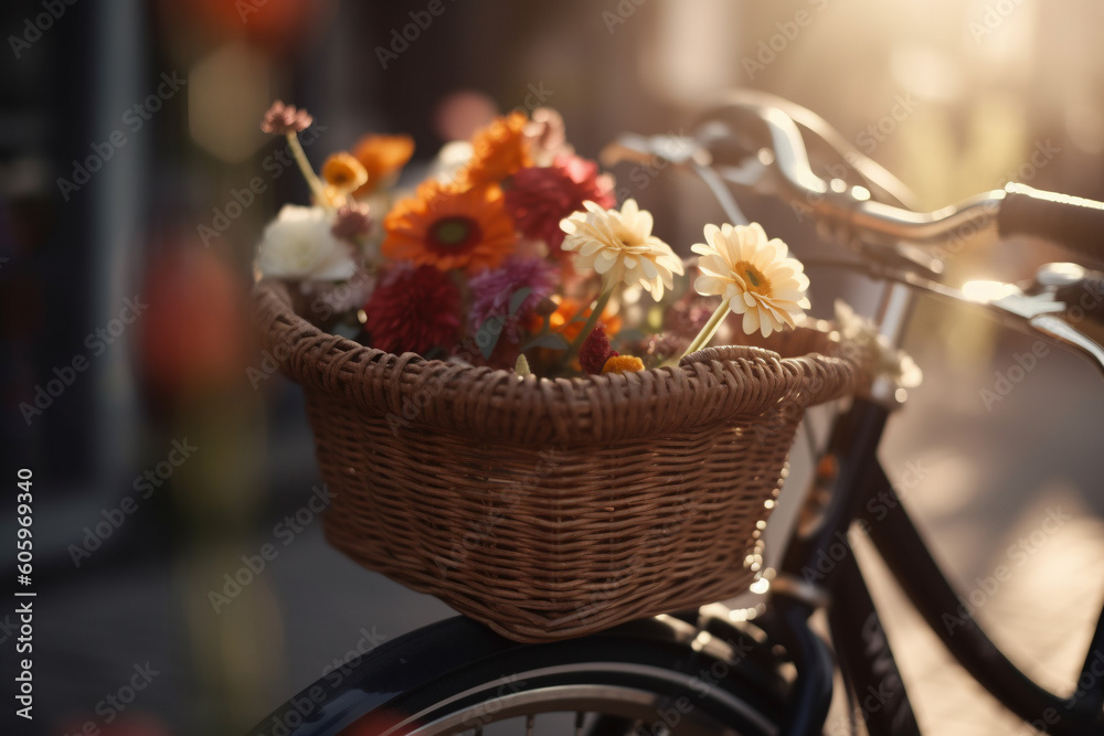 Flowers in bicycle basket. Generative AI illustration
