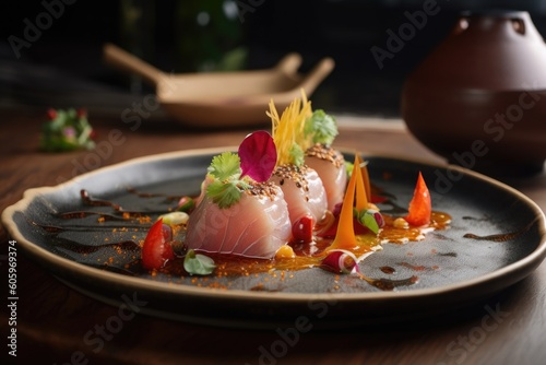 modern restaurant, serving fusion cuisine with a focus on seafood and tropical fruits, created with generative ai