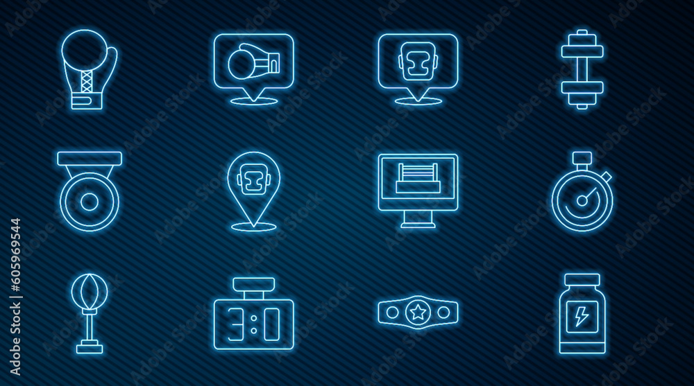 Set line Energy drink, Stopwatch, Boxing helmet, gong, glove, ring and icon. Vector