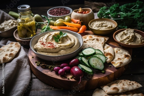 fermented foods making plate with hummus, pickles, and flatbread, created with generative ai