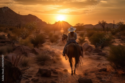Fényképezés cowgirl, with her trusty steed and cowboy hat, leading the way into sunset, crea