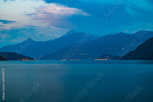 Panorama on Lake Como, with the villages of Tremezzina, Bellagio, Varenna and the mountains that overlook them, photographed in the evening. 