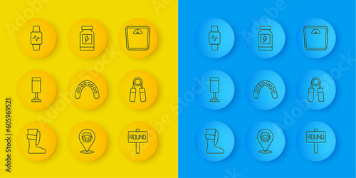 Set line Sport boxing shoes, Punching bag, Mouth guard boxer, Boxing ring board, expander, Smart watch with heart, Bathroom scales and Energy drink icon. Vector