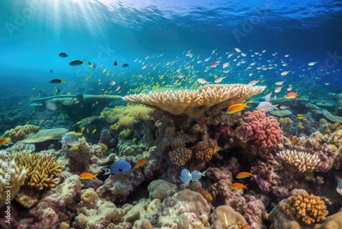 coral reef with school of tropical fish swimming among them  created with generative ai