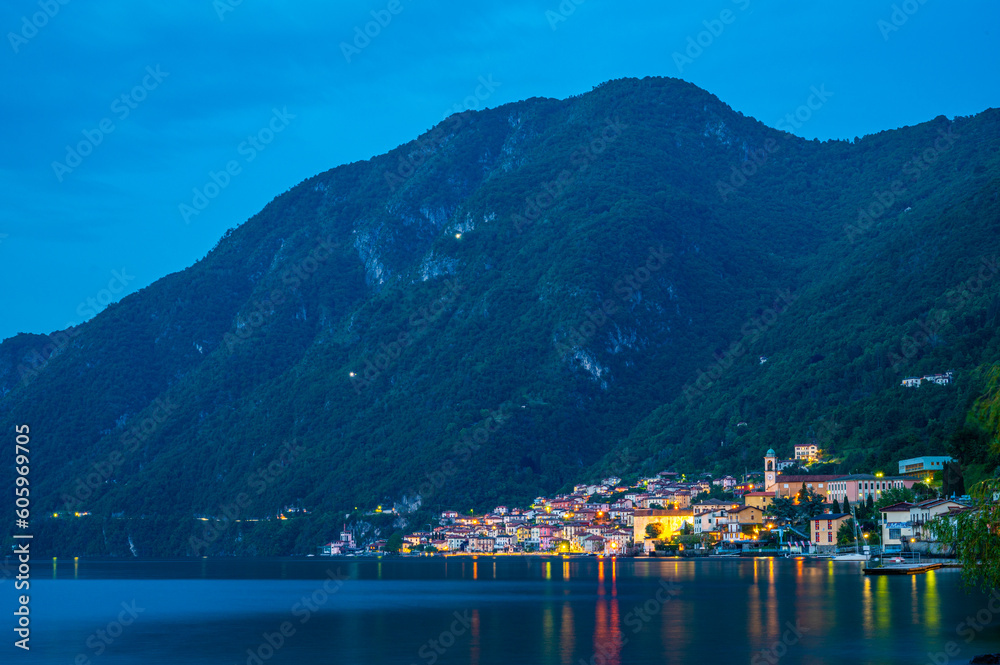 View of Lake Como and the town of Lezzeno, with the church and its village.
