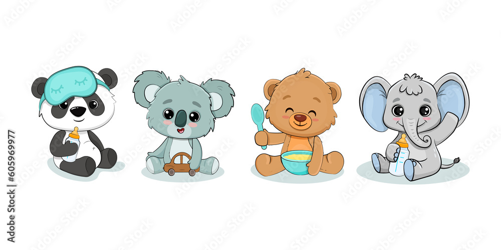 Teddy bear, panda cub, koala cub and baby elephant with milk bottle. Set of cartoon baby animals. Teddy bear, panda cub, koala cub and baby elephant with milk bottle. Set of cartoon baby animals.