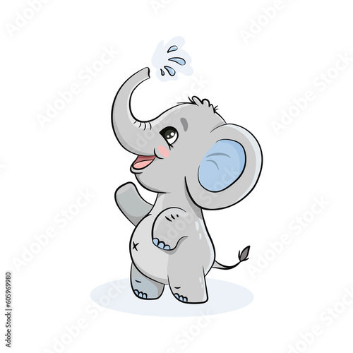  Cute cartoon elephant poured water from his trunk. 