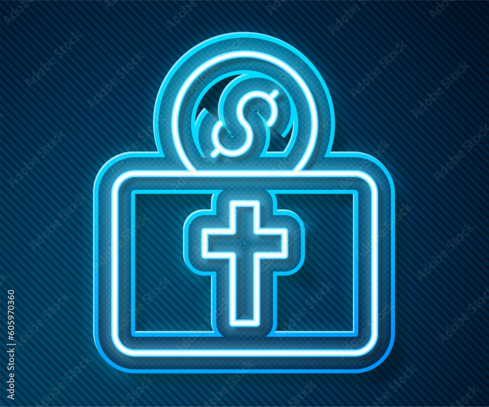 Glowing neon line Donation for church icon isolated on blue background. Vector Glowing neon line Donation for church icon isolated on blue background. Vector