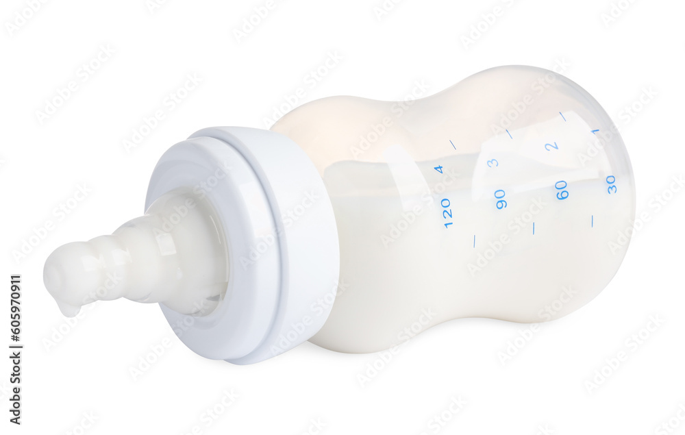 Feeding bottle with dairy free infant formula on white background, closeup Feeding bottle with dairy free infant formula on white background, closeup