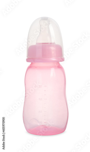 Empty pink feeding bottle for infant formula isolated on white