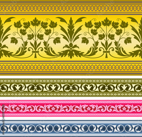 Decorative seamless borders, classic art. Whimsical floral elements, acanthus. Various color sets.