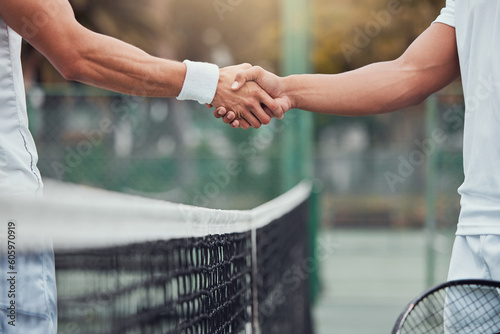 Man, tennis and handshake for fitness, partnership or deal in competition or game on court. Hand of men or friends shaking hands for sports training, teamwork or support friendship in match agreement © Clement C/peopleimages.com