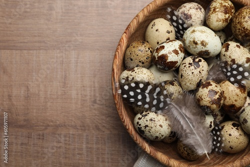 Speckled quail eggs and feathers on wooden table, top view. Space for text