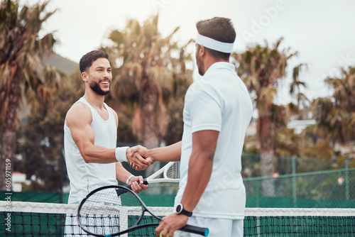 Man, tennis and handshake for partnership, game or match in competition together on the court. Men or friends shaking hands for sports training, teamwork or support in friendship, deal or agreement