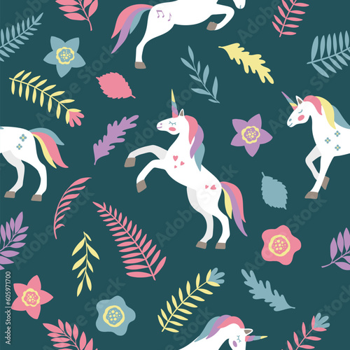 Seamless vector pattern with cute unicorns on a floral background. Ideal for textiles  wallpapers or prints.