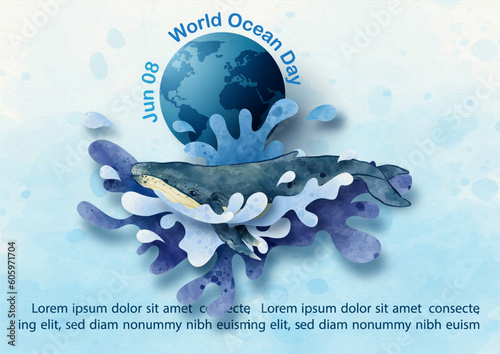 Concept poster campaign of world ocean day in paper cut and watercolors style with whale jumping water image, example texts on blue watercolor background.