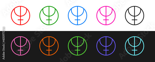 Set line Neptune planet symbol icon isolated on black and white background. Astrology, numerology, horoscope, astronomy. Vector