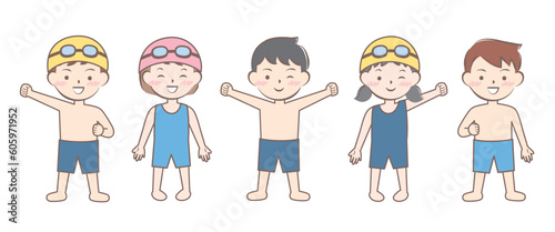 スクール水着姿の子供たち　スイミング　全身