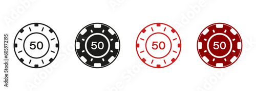 Circle Chip for Vegas Roulette Club Casino. Money Bet Token Pictogram. Poker Chip Line and Silhouette Icon Set. Lucky Coin, Play Risk Gambling Game Symbol Collection. Isolated Vector Illustration