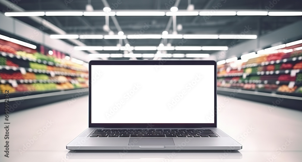 Laptop computer mock-up with cut out screen on background of supermarket. Copy space. Based on Generative AI Laptop computer mock-up with cut out screen on background of supermarket. Copy space. Based on Generative AI