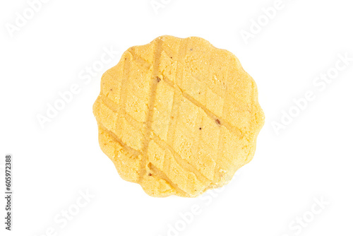 One carrom seeds cookie or salted ajwain cookie on a white background. Top-down view. Food Flat lay.