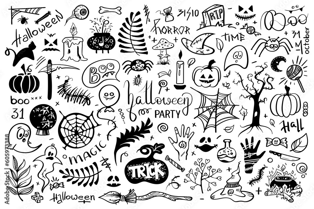 Big Set Halloween pictures in doodle style. Line art illustrations