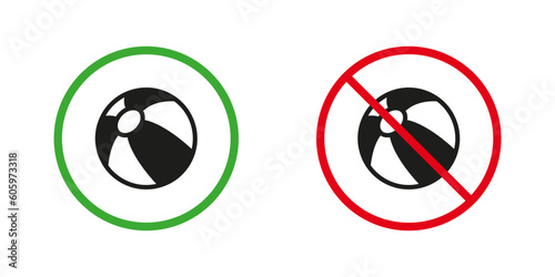 Beach Zone for Playing Ball Warning Signs. Black Striped Inflatable Water Beachball Silhouette Icons Set. Allowed and Prohibited Beach Zone Pictogram. Isolated Vector Illustration