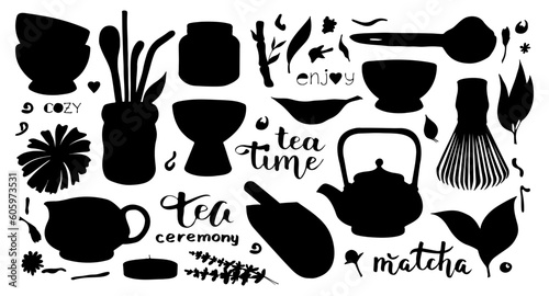 Vector set black silhouette picture of tea matcha powder. 
Doodle style illustration. tea leaves, teapot, macarons, spoon, traditional cup, whisk, tools for Japanese ceremony. 