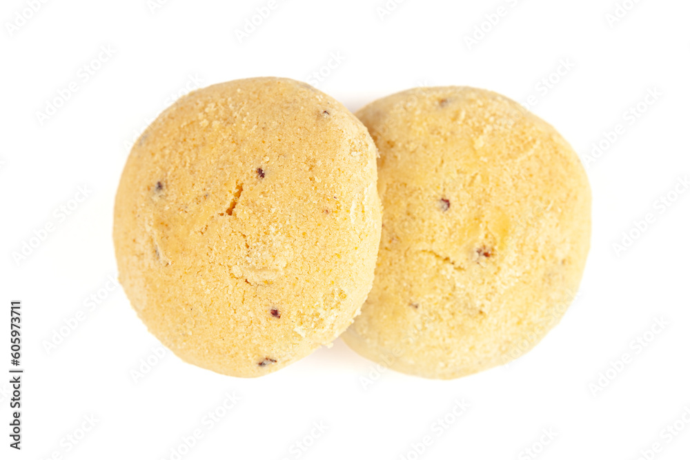 Two coconut butter bakery cookies. on a white background. Top-down view. Food Flat lay. Two coconut butter bakery cookies. on a white background. Top-down view. Food Flat lay.