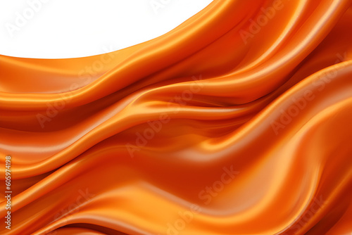  Orange luxury silk cloth floating flying in the air. With copy text space. Mock up template for product presentation. Wallpaper banner. 3D rendering. 