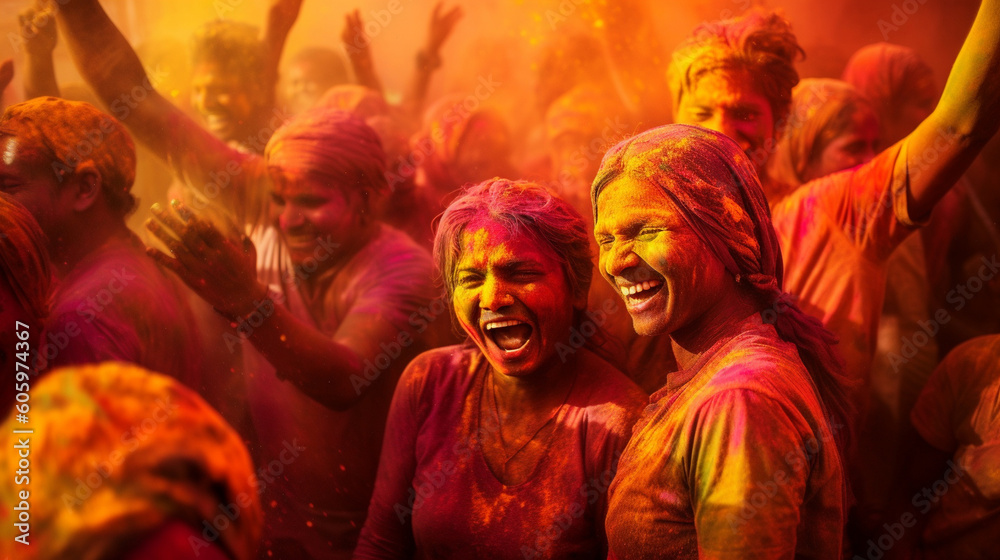 A vibrant Holi festival celebration with people joyfully throwing colorful powders Generative AI