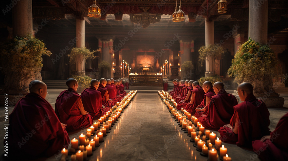 A group of monks engaged in a traditional ceremony inside a tranquil monastery Generative AI - obrazy, fototapety, plakaty 