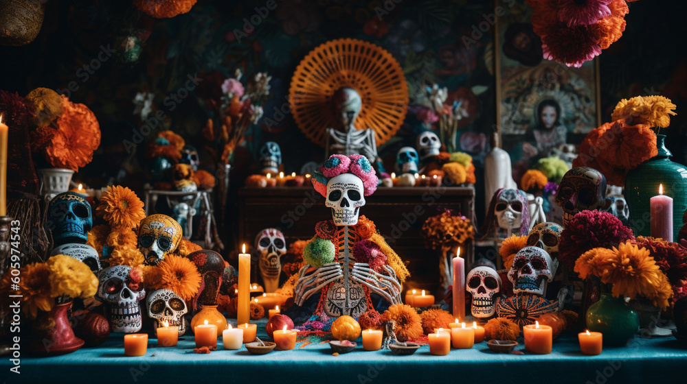A colorful Día de los Muertos celebration with vibrant altars and intricately painted skulls Generative AI