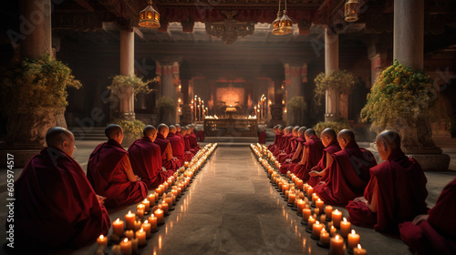 A group of monks engaged in a traditional ceremony inside a tranquil monastery Generative AI