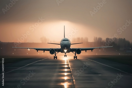 Modern airplane take off on airport runway at sunrise. Travel, sale tickets, Tour Vacation Package. Generative AI