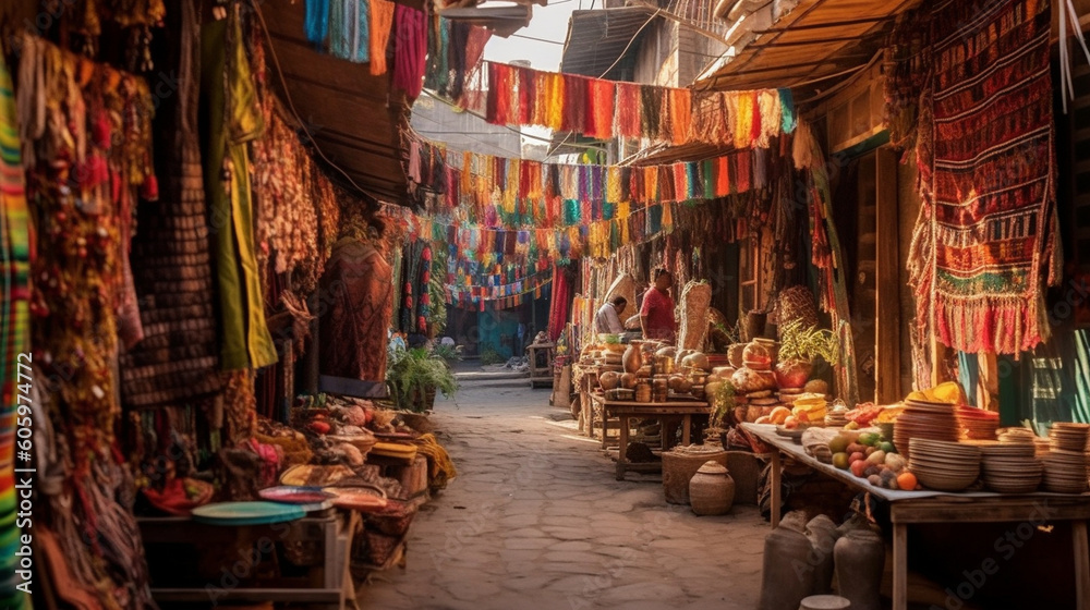 A vibrant street market with colorful textiles, handicrafts, and traditional street food Generative AI