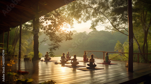 A serene yoga retreat with practitioners engaged in poses amidst tranquil surroundings Generative AI photo
