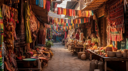 A vibrant street market with colorful textiles, handicrafts, and traditional street food Generative AI © Наталья Евтехова