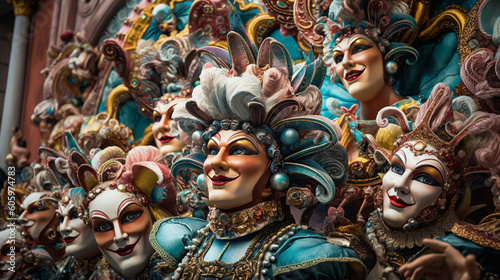 A lively carnival procession with elaborate costumes, masks, and music Generative AI