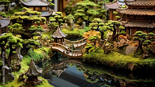 A traditional Japanese garden with meticulously pruned bonsai trees and tranquil ponds Generative AI