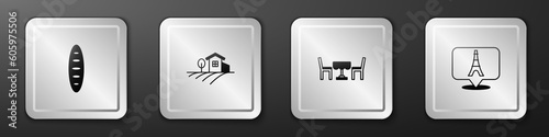 Set French baguette bread, Village landscape, cafe and Eiffel tower icon. Silver square button. Vector