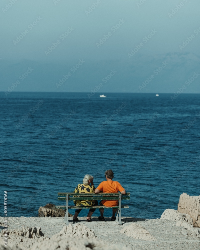 Back shot of an elderly couple sitting on a seaside wooden bench on a sunny day